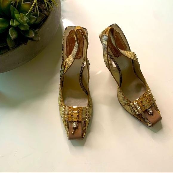 Vintage Christian Dior python square toe Jeweled gold sling back stiletto - Picture 1 of 16
